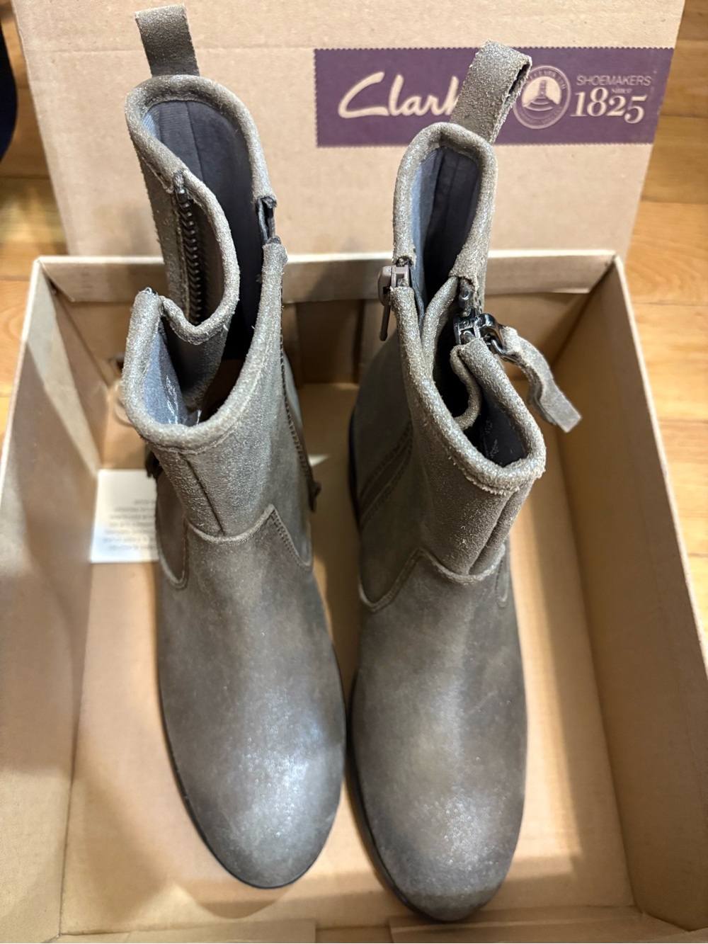 Clarks Olive Taupe Suede Side-Zip Ankle Booties